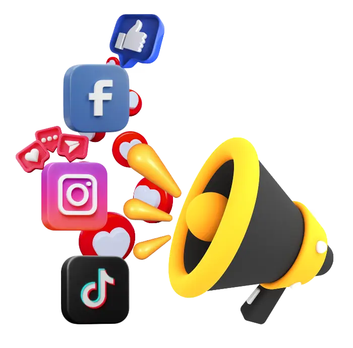 Lautsprecher mit Symbolen von Facebook, Instagram, LinkedIn und TikTok – Symbolbild für Social-Media-Grafiken von Goal Office.