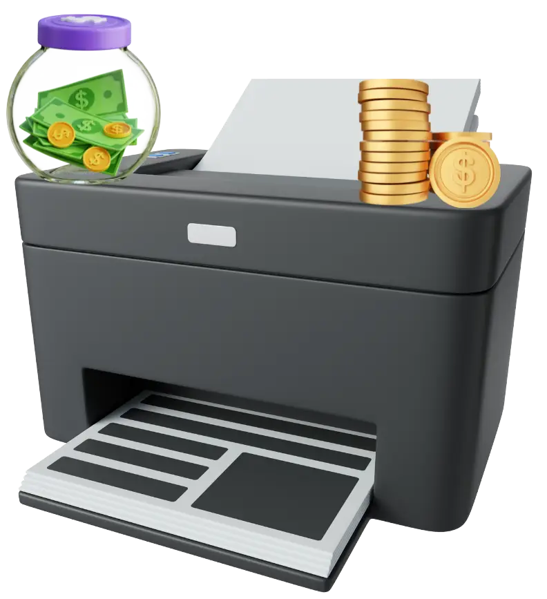 Drucker mit ausgegebenen Flyern und Geldsymbol – Symbolbild für Printmedien-Gestaltung durch Goal Office.