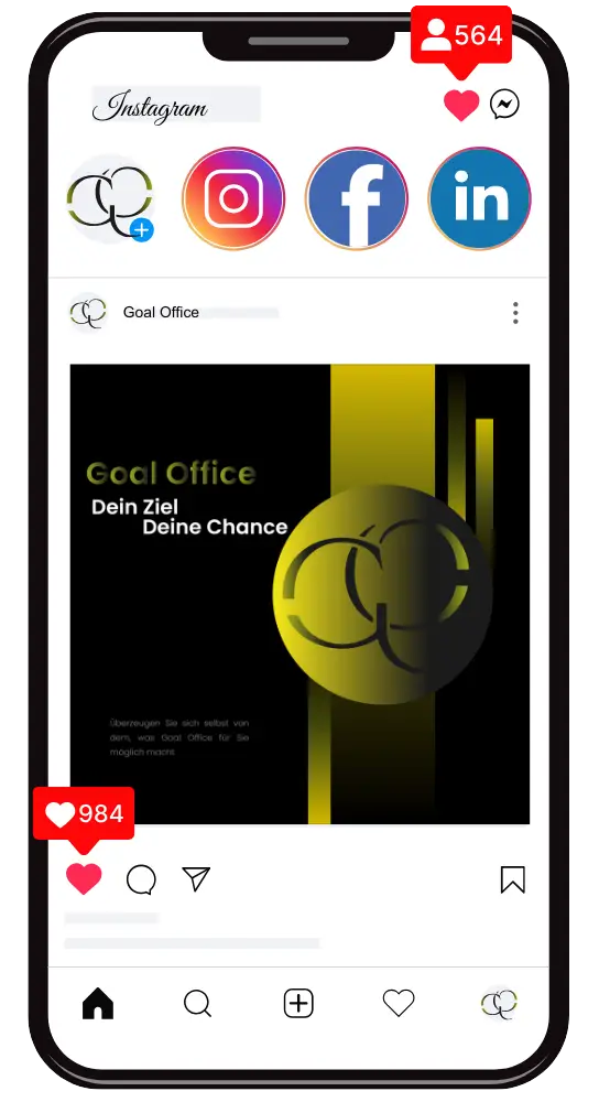 Smartphone zeigt Designentwurf für einen Social-Media-Post – Symbolbild für individuelles Mediendesign bei Goal Office.