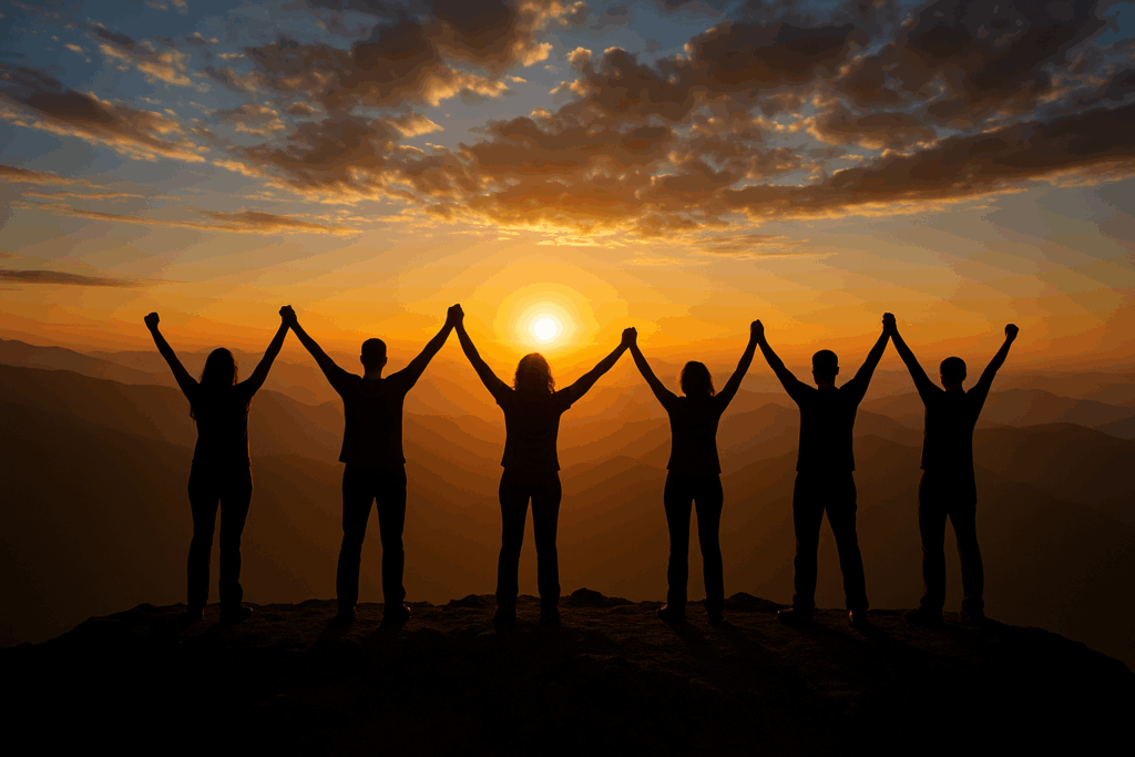 Gruppe von Menschen hebt gemeinsam die Arme im Sonnenuntergang – Symbolbild für Teamgeist, Kreativität und gemeinsame Vision bei Goal Office.