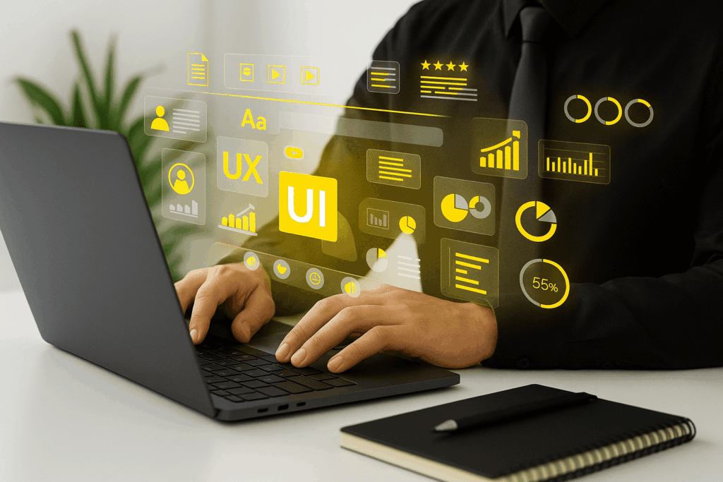 Person arbeitet am Laptop, während Symbole für Webentwicklung und digitale Dienste erscheinen – Symbolbild für Webentwicklung & Design bei Goal Office.